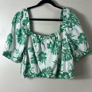 American Eagle Crop Top White Green Cotton Tropical Leaf Puff Sleeve Women’s XL